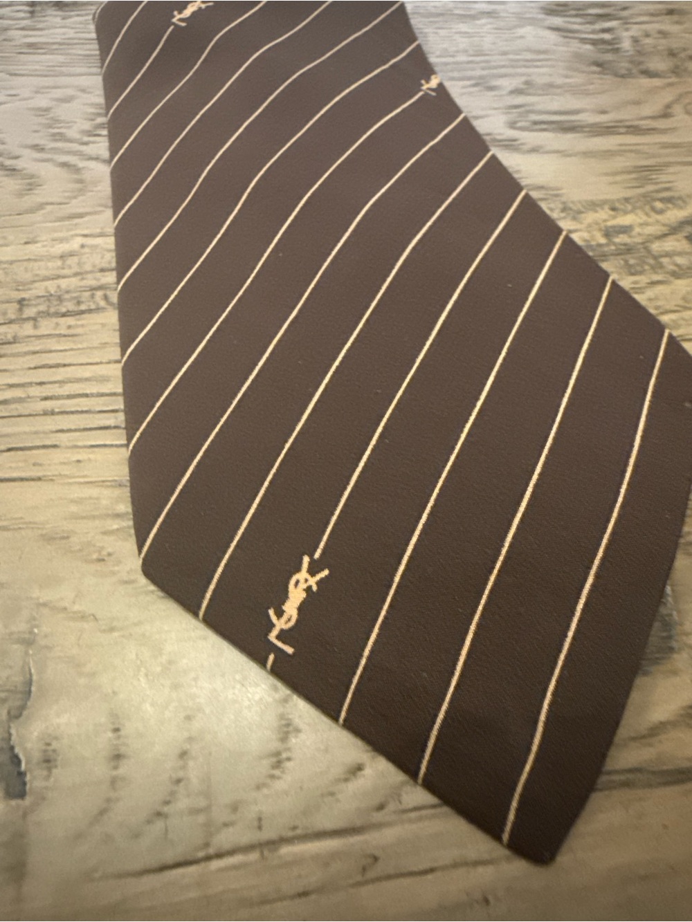 Vintage Saint Laurent Brown Tie with Beige Pinstripes